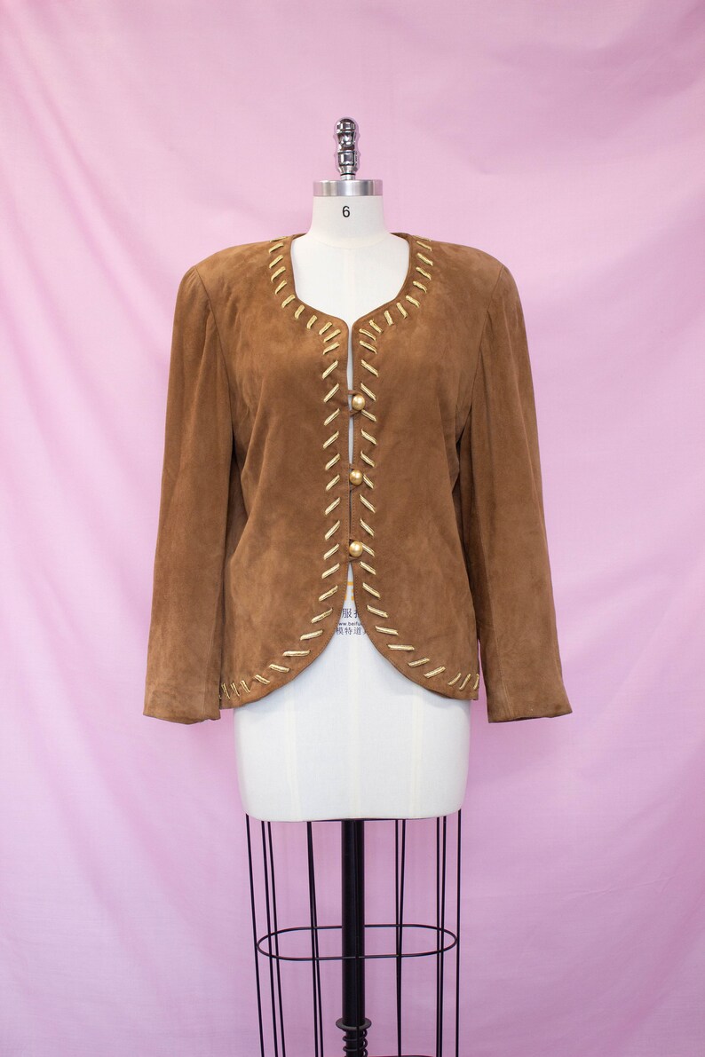 Vintage Bruno Magli Suede Jacket Brown Suede Gold Detail Size