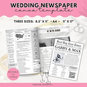 Editable Wedding Newspaper Program, Newsletter Canva Template, Wedding Timeline, Folded Newspaper Wedding Program Template, Wedding Timeline