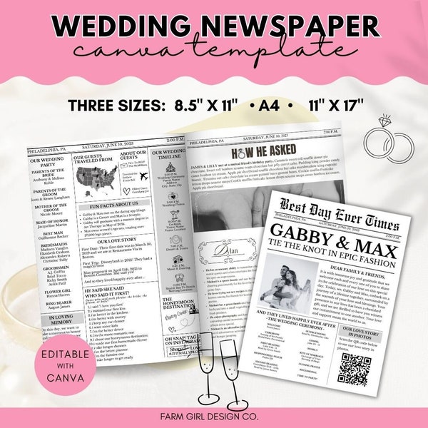 Editable Wedding Newspaper Program, Newsletter Canva Template, Wedding Timeline, Folded Newspaper Wedding Program Template, Wedding Timeline