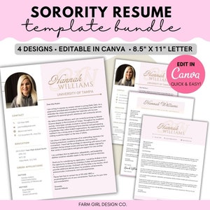Sorority Pink Resume Template, Editable Pink Rush Resume Template w/ Cover Letter, College Social Resume, Sorority Packet, Canva Template