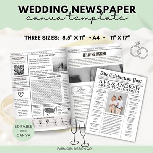 Könnte beinhalten: Eine Hochzeitseinladungsvorlage im Stil einer Zeitung. Die Vorlage ist anpassbar und kann in Canva bearbeitet werden. Die Vorlage verfügt über ein Schwarzweißdesign mit einem Foto des Paares in der Mitte. Der Text enthält die Namen des Paares, das Hochzeitsdatum und den Ort der Zeremonie. Die Vorlage enthält auch ein Wortsuchrätsel und eine Zeitleiste der Beziehung des Paares.