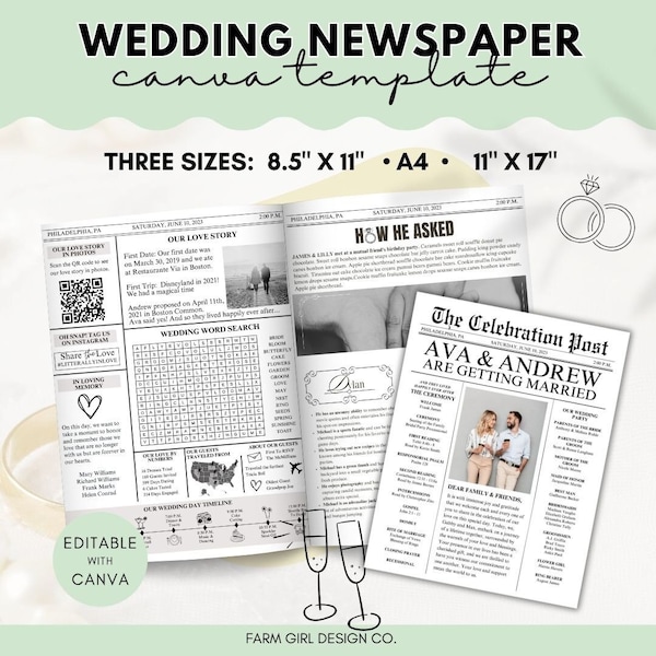 Editable Wedding Newspaper Program, Newsletter Canva Template, Wedding Timeline, Folded Newspaper Wedding Program Template, Wedding Timeline