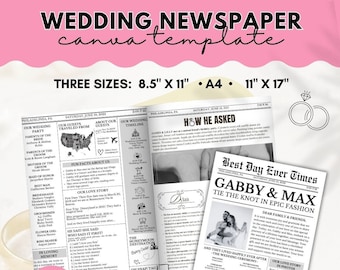 Editable Wedding Newspaper Program, Newsletter Canva Template, Wedding Timeline, Folded Newspaper Wedding Program Template, Wedding Timeline