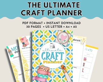 May include: A printable craft planner with a yellow, blue, and green geometric pattern on the cover. The cover also features a jar with a DIY label, a roll of washi tape, a paint tube, and a needlepoint project with a heart. The text on the cover reads "ultimate craft planner".