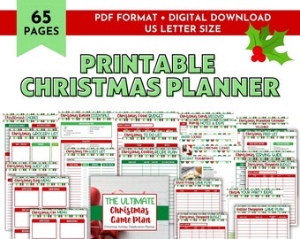 Puede incluir: Un planificador de Navidad imprimible con 65 páginas, disponible en formato PDF para descarga digital. Incluye plantillas para la planificación navideña, como listas de compras, listas de tareas y planificación de menús. El diseño presenta acentos rojos y verdes.
