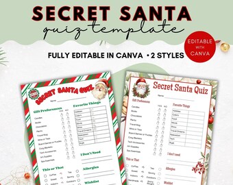 Könnte beinhalten: Zwei Secret Santa Quiz-Vorlagen mit festlichem Weihnachtsthema. Die Vorlagen sind vollständig in Canva bearbeitbar und enthalten einen Fragebogen mit Geschenkpräferenzen, Lieblingsdingen und einer Wunschliste. Das Design umfasst rot-grüne Streifen und Illustrationen des Weihnachtsmanns.