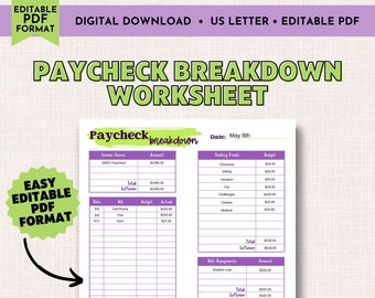 Editable Paycheck Budget Worksheet, Budgeting Template, Paycheck Breakdown Planner, Paycheck Budget Printable, Editable Paycheck Tracker