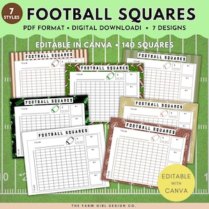 Printable Football Square Template, 100 Square Football Pool Template Bundle, Downloadable Football Squares, Football Squares Pool Template