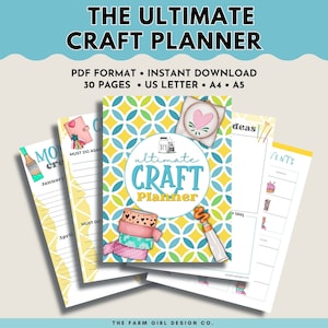 May include: A printable craft planner with a yellow, blue and green geometric pattern on the cover. The cover also features a jar with a DIY label, a roll of washi tape, a paint tube and a needlepoint project with a heart. The text on the cover reads "ultimate craft planner".