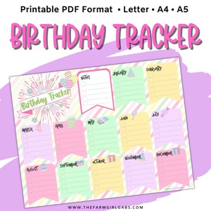 Birthday Tracker PDF, Printable Birthday Planner, Yearly Birthday Planner, A4 Birthday Tracker Printable