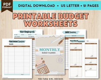 Printable Budget Worksheets, Monthly Budget Planner, Income & Expense Tracker, Paycheck Breakdown Planner, Bill Tracker, Savings Tracker