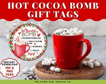 Etiquetas de regalo de bomba de cacao caliente imprimibles, etiquetas de bomba de chocolate caliente, regalo de Navidad diy, etiquetas de regalo imprimibles, favor de fiesta, etiqueta de regalo de Navidad