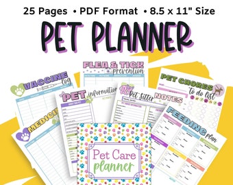 Printable Pet Care Planner, Printable Care Checklist, Pet Organizer, Puppy Planner, Dog Planner, Cat Planner, Pet Gift, Pet Binder