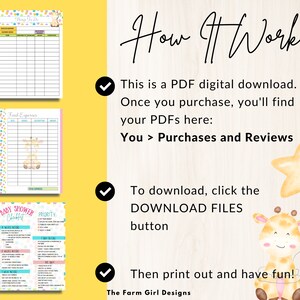 May include: A digital download guide with instructions on how to download and print a PDF checklist for a baby shower. The guide features a cartoon giraffe holding a yellow star balloon. The text on the guide says "How It Works!" and includes instructions on how to download the PDF.
