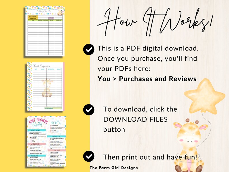 May include: A digital download guide with instructions on how to download and print a PDF checklist for a baby shower. The guide features a cartoon giraffe holding a yellow star balloon. The text on the guide says "How It Works!" and includes instructions on how to download the PDF.