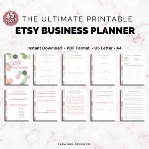 May include: A printable Etsy business planner with 45 pages. The planner is designed with a pink and green geometric pattern and includes sections for business overview, shop branding, shop policies, general information, listing information, new listing planning, product tags, coupons and promotions, and order tracking.