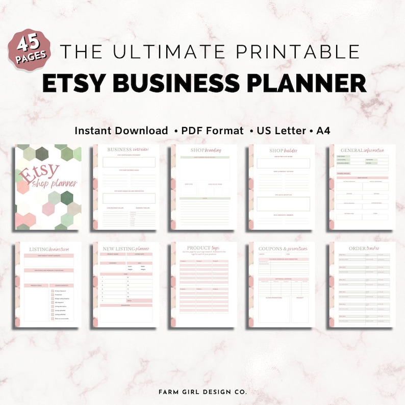 May include: A printable Etsy business planner with 45 pages. The planner is designed with a pink and green geometric pattern and includes sections for business overview, shop branding, shop policies, general information, listing information, new listing planning, product tags, coupons and promotions, and order tracking.