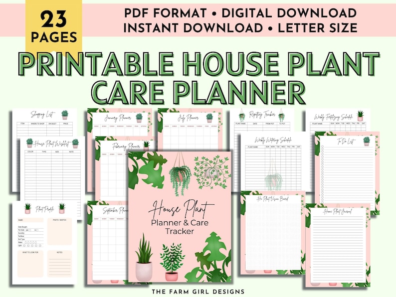 May include: Printable house plant care planner with 23 pages. The planner features a pink background with green plant illustrations and includes pages for shopping lists, monthly calendars, weekly watering schedules, and a to-do list.