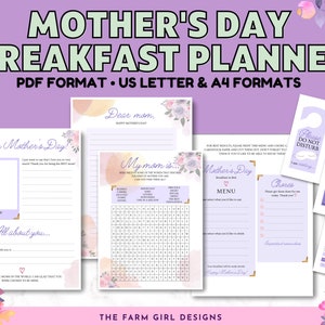 Moederdag Planning Kit, ontbijtplanner, ik hou van moeder printables, Moederdag ontbijt op bed afdrukbaar, Moederdag cadeaus
