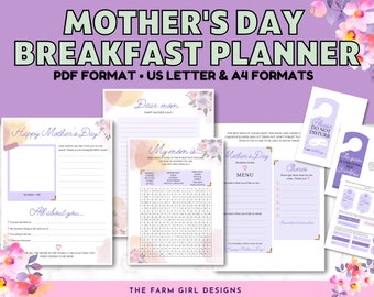 Mother's Day Planning Kit, Breakfast Planner, I Love Mom Printables, Mother's Day Breakfast In Bed Printable, Mother's Day Gifts