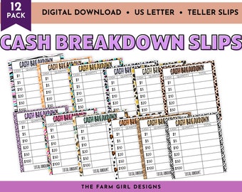 Printable Cash Breakdown Slips, 12 Cash Teller Slips, Cash Budgeting, Animal Print Cash Breakdown Slips Printable