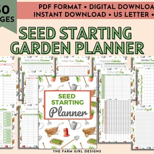 May include: A printable 30-page seed starting garden planner with a white background and a watercolor pattern of gardening tools, plants, and a wheelbarrow. The planner includes pages for seed inventory, supply checklist, seed information, direct sow, seed starting overview, indoor sow timeline, vegetable calendar, grow light log, harden tracker, and 72 cell seed tray layout.
