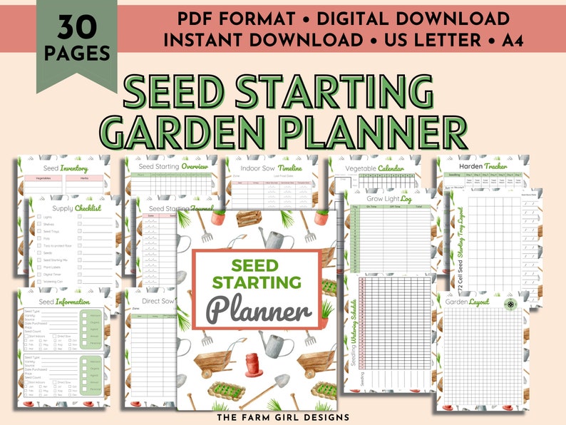 May include: A printable 30-page seed starting garden planner with a white background and a watercolor pattern of gardening tools, plants, and a wheelbarrow. The planner includes pages for seed inventory, supply checklist, seed information, direct sow, seed starting overview, indoor sow timeline, vegetable calendar, grow light log, harden tracker, and 72 cell seed tray layout.