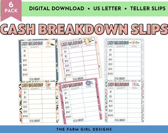 Printable Cash Breakdown Slips, 6 Pack Cash Teller Slips, Cash Budgeting, Floral Cash Breakdown Slips Printable