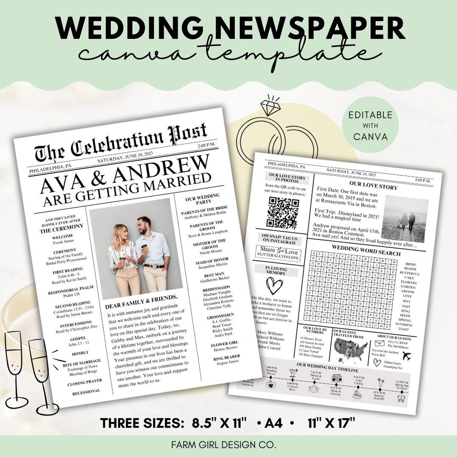 Editable Wedding Newspaper Program, Newsletter Canva Template, Wedding ...