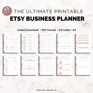 May include: A printable Etsy business planner with 45 pages. The planner includes sections for order management, competitor analysis, Etsy ads, target audience, Pinterest, Etsy growth, keyword research, quarterly goals, and quarterly plans. The planner has a pink and white color scheme with a marble background.