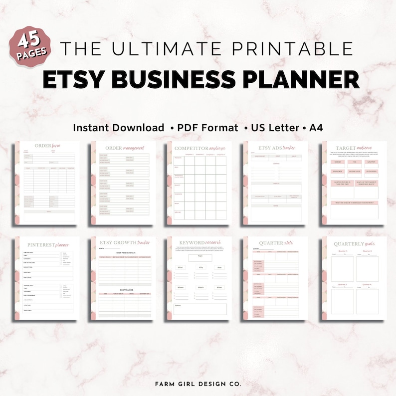 May include: A printable Etsy business planner with 45 pages. The planner includes sections for order management, competitor analysis, Etsy ads, target audience, Pinterest, Etsy growth, keyword research, quarterly goals, and quarterly plans. The planner has a pink and white color scheme with a marble background.