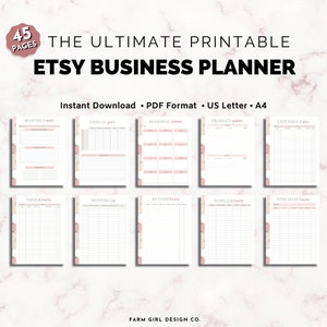 May include: A printable Etsy business planner with 45 pages. The planner includes sections for monthly goals, annual goals, seasonal planning, product updates, expenses and fees, order tracking, shipping log, returns, supplier tracking, and purchase tracking. The planner has a pink and white color scheme with a marble background.