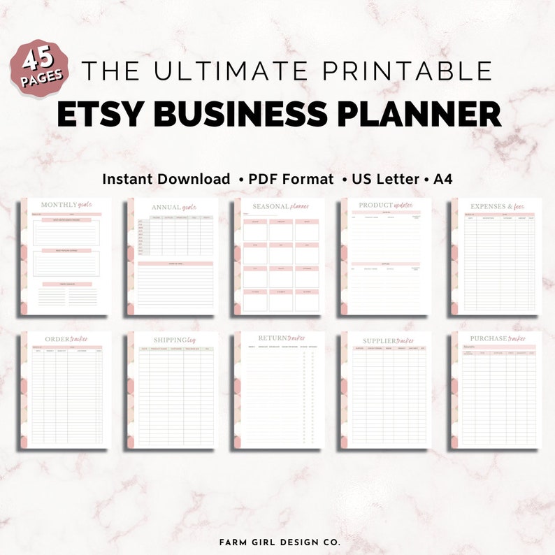 May include: A printable Etsy business planner with 45 pages. The planner includes sections for monthly goals, annual goals, seasonal planning, product updates, expenses and fees, order tracking, shipping log, returns, supplier tracking, and purchase tracking. The planner has a pink and white color scheme with a marble background.