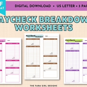 Paycheck Breakdown Worksheet, Budgeting Template, Paycheck Breakdown Template, Paycheck Budget Printable, PDF Budget Worksheet