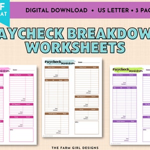 Paycheck Breakdown Worksheet, Budgeting Template, Paycheck Breakdown Template, Paycheck Budget Printable, Paycheck Breakdown Planner