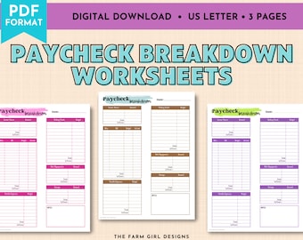 Paycheck Breakdown Worksheet, Budgeting Template, Paycheck Breakdown Template, Paycheck Budget Printable, Paycheck Breakdown Planner
