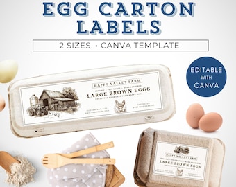 Könnte beinhalten: Eierkartonetiketten mit dem Text "EGG CARTON LABELS" und "2 SIZES CANVA TEMPLATE". Die Etiketten zeigen eine Farm-Szene und den Text "HAPPY VALLEY FARM LARGE BROWN EGGS". Das Bild enthält Eierkartons und Eier.