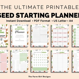 May include: A printable seed starting planner with 30 pages. The planner includes a cover page, a seasonal checklist, a seed starting calendar, a seed wishlist, and a supply checklist. The planner is decorated with a watercolor pattern of gardening tools and plants.
