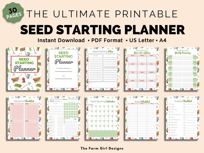 May include: A printable seed starting planner with 30 pages. The planner includes a cover page, a seasonal checklist, a seed starting calendar, a seed wishlist, and a supply checklist. The planner is decorated with a watercolor pattern of gardening tools and plants.