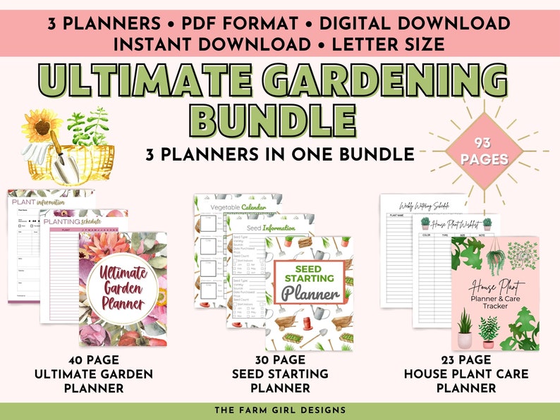 May include: A digital printable bundle of three gardening planners. The bundle includes a 40-page Ultimate Garden Planner, a 30-page Seed Starting Planner, and a 23-page House Plant Care Planner. The planners feature watercolor illustrations of plants and gardening tools.