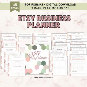 May include: A printable Etsy shop planner with 45 pages in a pink, green, and white geometric pattern. The planner includes sections for listing information, coupons and promotions, product tags, order tracker, order form, order management, competitor analysis, Etsy ads tracker, target audience, Pinterest planner, Etsy growth tracker, keyword research, quarterly goals, monthly goals, annual goals, seasonal expenses, shipping log, daily sales tracker, to-do list, and monthly calendar.