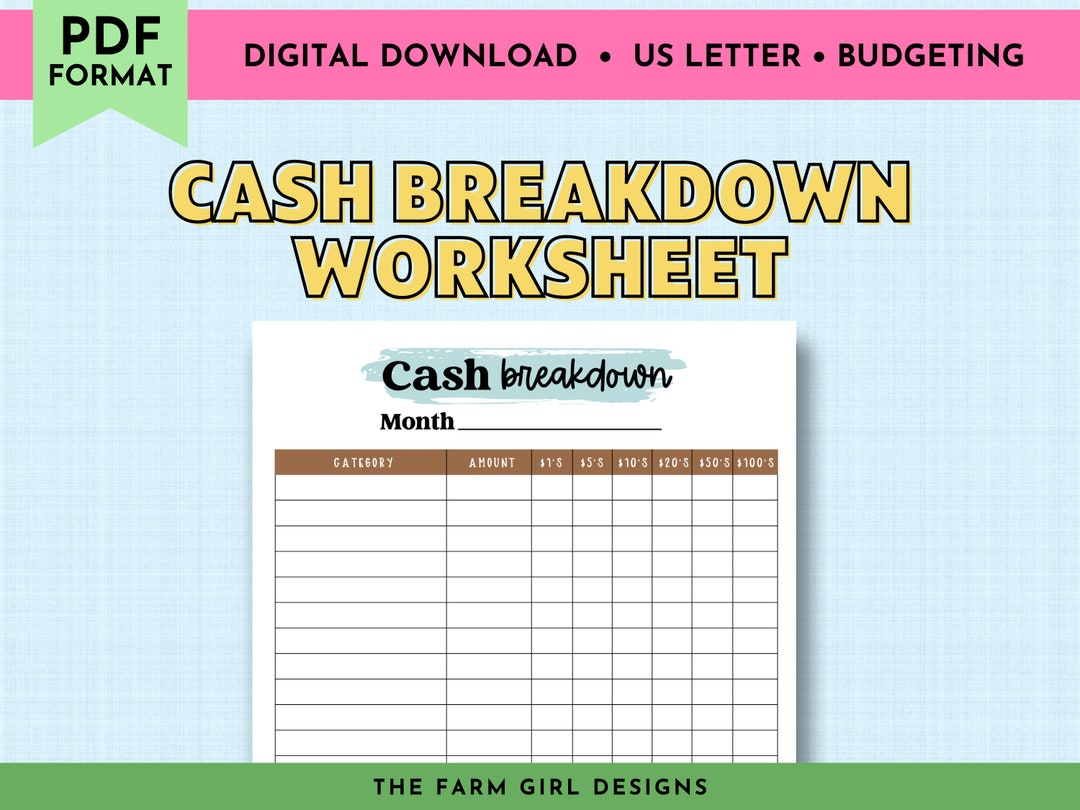 Printable Cash Breakdown Template, Cash Breakdown Sheet, Cash Teller