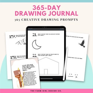 May include: A digital tablet displaying a drawing journal with prompts for 365 days of creative drawing. The journal features a variety of prompts, including drawing mountains, the moon, and a house. The text "Awaken your inner artist and let your imagination flow with the art & soul journal" is also visible.