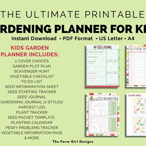 Puede incluir: Un planificador de jardiner&iacute;a imprimible para ni&ntilde;os con 24 p&aacute;ginas. El planificador incluye un plan de parcela de jard&iacute;n, una b&uacute;squeda del tesoro, una lista de verificaci&oacute;n de vegetales, una hoja de informaci&oacute;n de semillas, un rastreador de inicio de semillas, un diario de semillas, un diario de jardiner&iacute;a, un registro de cosecha, un rastreador de plantas, una plantilla de paquete de semillas, un calendario de siembra, un rastreador de problemas molestos, una p&aacute;gina de informaci&oacute;n de vegetales y m&aacute;s. El planificador est&aacute; disponible para descarga instant&aacute;nea en formato PDF y es compatible con los tama&ntilde;os de papel US Letter y A4.
