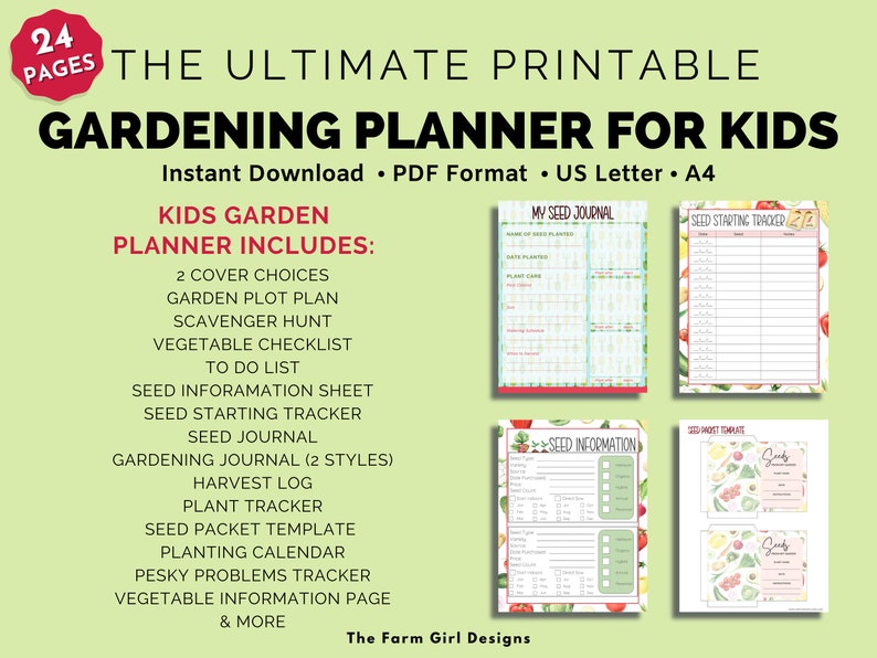 Puede incluir: Un planificador de jardiner&iacute;a imprimible para ni&ntilde;os con 24 p&aacute;ginas. El planificador incluye un plan de parcela de jard&iacute;n, una b&uacute;squeda del tesoro, una lista de verificaci&oacute;n de vegetales, una hoja de informaci&oacute;n de semillas, un rastreador de inicio de semillas, un diario de semillas, un diario de jardiner&iacute;a, un registro de cosecha, un rastreador de plantas, una plantilla de paquete de semillas, un calendario de siembra, un rastreador de problemas molestos, una p&aacute;gina de informaci&oacute;n de vegetales y m&aacute;s. El planificador est&aacute; disponible para descarga instant&aacute;nea en formato PDF y es compatible con los tama&ntilde;os de papel US Letter y A4.