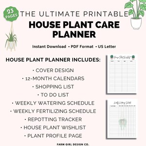 May include: Printable house plant care planner with 23 pages. Includes a cover design, 12-month calendars, shopping list, to-do list, weekly watering schedule, weekly fertilizing schedule, repotting tracker, house plant wishlist, and plant profile page.