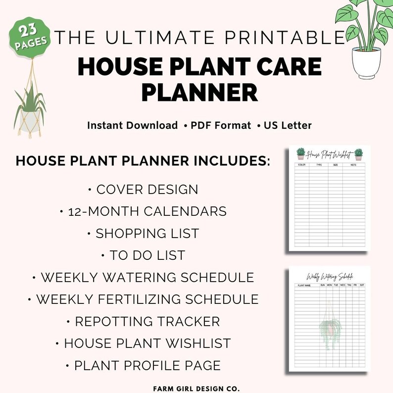 May include: Printable house plant care planner with 23 pages. Includes a cover design, 12-month calendars, shopping list, to-do list, weekly watering schedule, weekly fertilizing schedule, repotting tracker, house plant wishlist, and plant profile page.