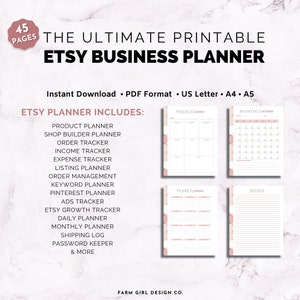 May include: Printable Etsy business planner with 45 pages. The planner includes sections for product planning, shop builder, order tracking, income and expense tracking, listing, order management, keyword planning, Pinterest, ads, Etsy growth tracking, daily and monthly planning, shipping log, password keeper, and more. The planner has a pink and white color scheme.