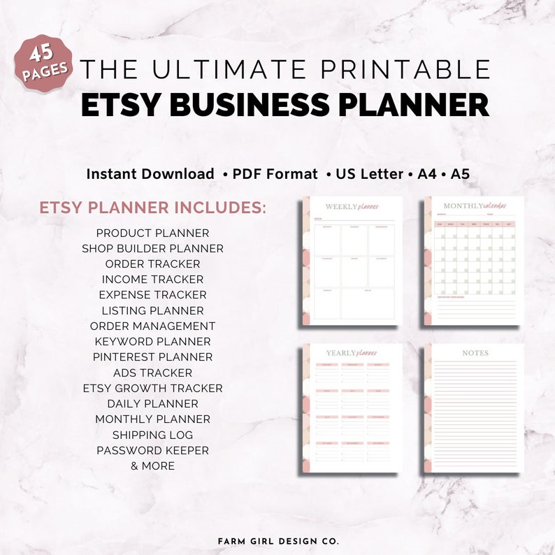 May include: Printable Etsy business planner with 45 pages. The planner includes sections for product planning, shop builder, order tracking, income and expense tracking, listing, order management, keyword planning, Pinterest, ads, Etsy growth tracking, daily and monthly planning, shipping log, password keeper, and more. The planner has a pink and white color scheme.