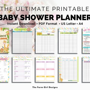 May include: A printable baby shower planner with 26 pages. The planner features a jungle animal theme with an elephant, giraffe, and lion. The planner includes pages for a guest list, to-do list, shower menu ideas, baby registry checklist, vendor details, party items, decor expenses, and expense tracker.